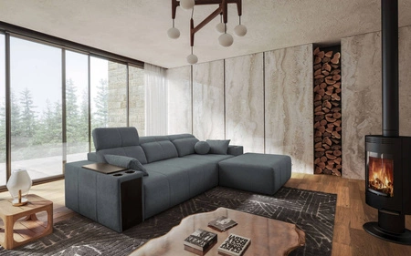 Rohová sedací souprava s funkcí spaní Tesalia šedá pravý roh moderní design pohodlné posuvné opěradlo zásuvka v boku nábytku