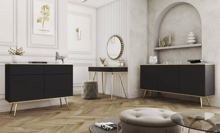 Komoda se zásuvkami Luxury 107 cm černá moderní design obývacího pokoje korpus komody doplněný zlatým lemováním kovové zlaté nohy