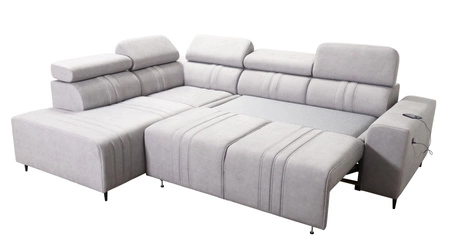 Rohová pohovka s funkcí spaní Castel VII šedohnědá levostranná stylová rohová pohovka s úložným prostorem na lůžkoviny a polohovatelnými opěrkami hlavy