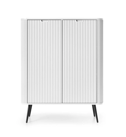 Komoda Zoya 103 cm bílá elegantní design oválného tvaru na černých kovových nohách vkusné drážkované čelo