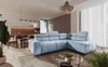 Rohová pohovka s funkcí spaní Castel VII modrá pravostranná stylová rohová pohovka s úložným prostorem na lůžkoviny a nastavitelnými opěrkami hlavy