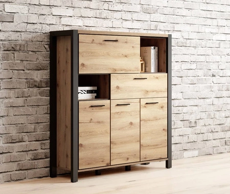 Aktiv vysoká komoda 120 cm dub taurus / černá designová komoda se zásuvkou v industriálním stylu s černými kovovými úchyty