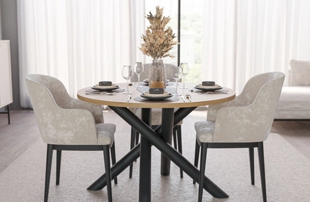 Kulatý stůl Lyon 110 cm dub artisan / černý designový jídelní stůl na kovových pavoučích nohách výškově nastavitelný