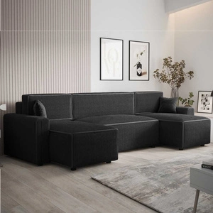 Rohová sedací souprava s funkcí spaní Brandon U Bis černý kontejner na lůžkoviny trojrozměrná látka s výraznými pruhy měkké područky