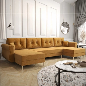 Rohová pohovka s funkcí spaní Wilkins U mustard pohodlná rohová pohovka měkká látka moderní design, který se hodí do každého interiéru