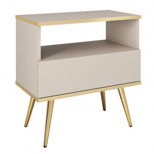 Luxusní béžový noční stolek se zásuvkou elegantní design skříňka doplněná zlatým lemováním skříňka stojí na vysokých kovových nožkách