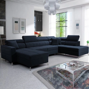 Nausa VI rohová sedačka s funkcí spaní tmavě modrá levá stylová rohová sedačka do obývacího pokoje s pohodlnou povrchovou úpravou měkká sametová látka