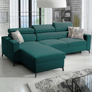 Rohová sedací souprava s funkcí spaní Savona tyrkysová levá pohodlná a elegantní rohová sedací souprava s nastavitelnými opěrkami hlavy dekorativní prošívání