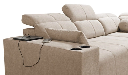 Rohová sedací souprava s funkcí spaní Tesalia II béžová pravostranná pohodlná rohová sedací souprava do obývacího pokoje s posuvným opěradlem nádoba na lůžkoviny