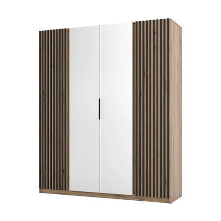 Zrcadlová šatní skříň Kastano XII 200 cm dub evokuje stylový design dveře šatní skříně zdobené černými lamelami ideální pro ložnice