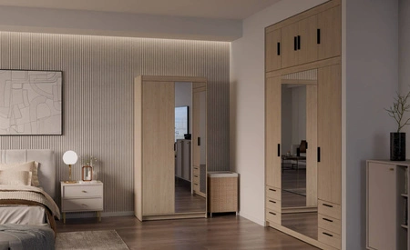 Zrcadlová šatní skříň Rene 90 cm olejovaný dub klasický design jednoduchý tvar ideální šatní skříň do ložnice nebo předsíně hrany s ABS úpravou