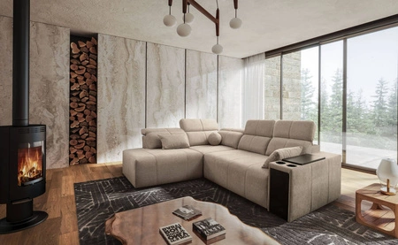 Rohová sedací souprava s funkcí spaní Tesalia VII béžová levá moderní design pohodlný posuvný opěrák zásuvka v boku nábytku