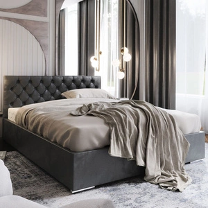 Čalouněná postel Alvorada 180x200 šedá s úložným boxem v moderním skandinávském stylu s prošívaným čelem