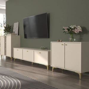 Nábytek Kioto I béžový stylový designový nábytek do obývacího pokoje elegantní nábytek podepřený kovovou zlatou základnou jemné úchytky