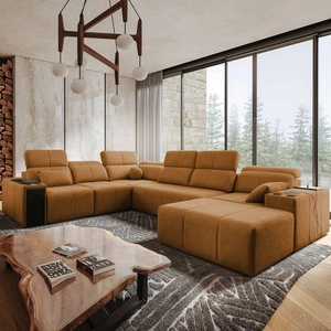 Rohová sedačka s funkcí spaní Tesalia VIII med pravá pohodlná rohová sedačka do obývacího pokoje s inovativní funkcí posuvného opěradla