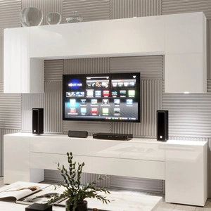 Netradiční nástěnná skříňka Tolo bílá / bílý lesk s elegantním charakterem, ideální do obývacího pokoje nebo zasedací místnosti