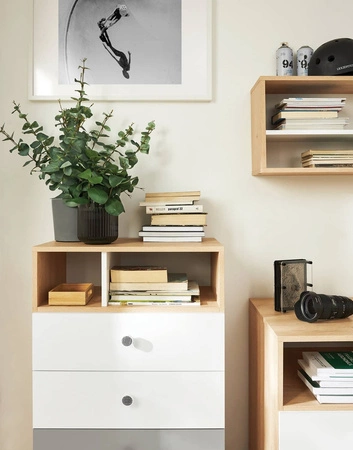 Sada nábytku Pixel dub biscuit / bílá / šedá ideální do dětského pokoje nebo pokoje pro mladé v módním stylu