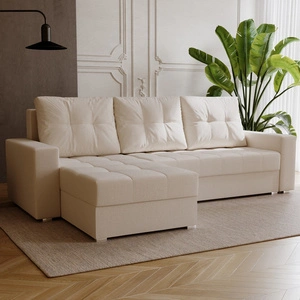 Rohová sedací souprava s funkcí spaní Světle béžová víceúčelová rohová sedací souprava Pablos s dekoračním prošíváním na sedáku v kontejneru na lůžkoviny