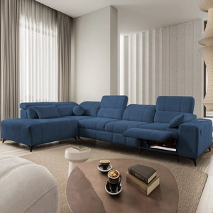 Rohová pohovka s funkcí spaní Penejos XI Lux modrá levostranná stylová rohová pohovka s pohodlnou výsuvnou podnožkou