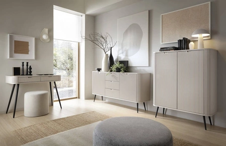 Komoda Zoya 168 cm béžová elegantní design oválný tvar na kovových nohách vkusné drážkované čelo