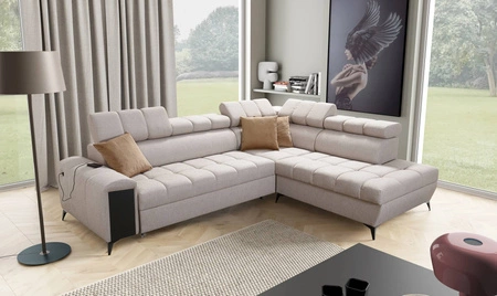 Rohová sedací souprava s funkcí spaní Bolmso VII béžový pravý roh mimořádně elegantní rohová sedací souprava do obývacího pokoje se zásuvkou a kontejnerem na lůžkoviny
