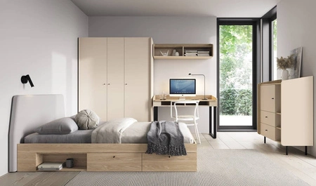 Šatní skříň Olivio 145 cm pískově béžová / olejovaný dub moderní design černé úchytky povrchová úprava ABS