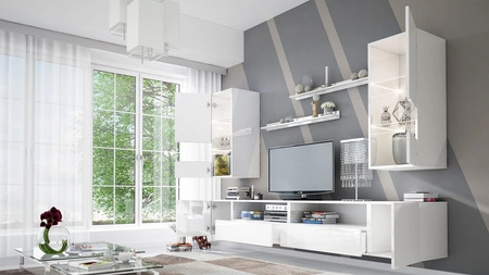 Univerzální nástěnná skříňka Parga bílá / bílý lesk do obývacího pokoje se světlým designem dokonale zapadne do každého interiéru