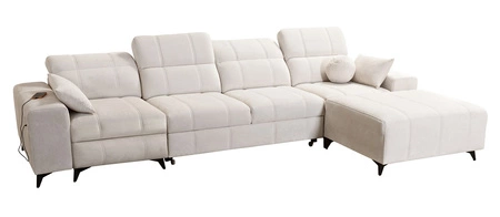 Rohová rozkládací pohovka s funkcí spaní Penejos XII Lux losos pravá strana stylové rohové rozkládací pohovky s pohodlnou výsuvnou opěrkou nohou