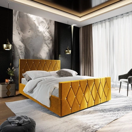 Čalouněná postel Tifton 160x200 v hořčicové barvě s úložným boxem v moderním stylu s výrazným čelem a nohama s krystalickou povrchovou úpravou