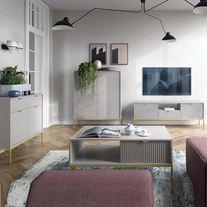 Nábytková sestava Lovro šedá moderní designová nástěnná skříňka do obývacího pokoje nebo zasedací místnosti obohacená o zlaté kovové doplňky