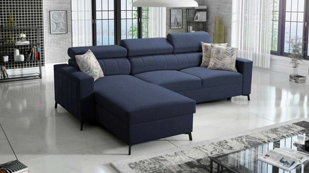 Rohová sedací souprava s funkcí spaní Savona navy blue levá pohodlná a elegantní rohová sedací souprava s nastavitelnými opěrkami hlavy s dekorativním prošíváním
