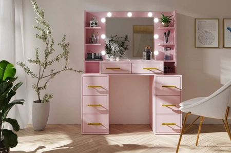 Toaletní stolek Adel 110 cm pudrově růžová s LED osvětlením toaletní stolek se zrcadlem v glamour stylu prostorné zásuvky kovové úchyty