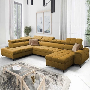 Rohová sedací souprava s funkcí spaní Bolmso VI hořčice pravá pohodlná rohová sedací souprava s nastavitelnými opěrkami hlavy dekorativní prošívání na sedáku