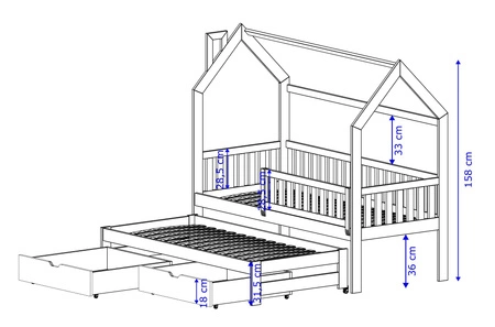 Dětská postel Miki 90x200 cm šedá Rozkládací postel pro 2 osoby do dětského pokoje Postel z masivního borovicového dřeva