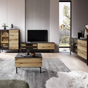 Sestava nábytku Clovis černá / dub evokuje netradiční design tlačit na otevření systému skleněných čel lamel v interiéru nástěnné skříňky