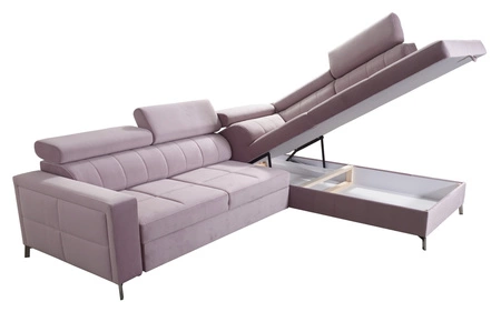 Rohová sedací souprava s funkcí spaní Nausa III šedá pravá sametová stylová pohodlná rohová sedací souprava nastavitelné opěrky hlavy nádoba na lůžkoviny