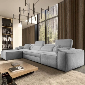 Rohová sedací souprava s funkcí spaní Viano XII světle šedá levá stylová rohová sedací souprava se zajímavým tvarem nastavitelné opěrky hlavy dekorativní polštáře