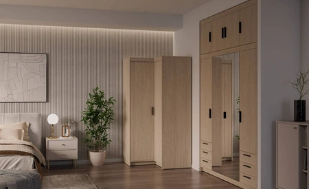 Rohová šatní skříň Rene olejovaný dub stylový design ABS hrany čela šatní skříně do ložnice v matném provedení černé úchytky