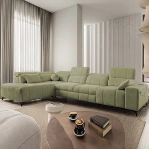 Rohová pohovka s funkcí spaní Penejos XI olivová levá pohodlná rohová pohovka s nastavitelnými opěrkami hlavy a dvěma přihrádkami na lůžkoviny