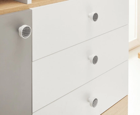 Komoda se zásuvkami Pixel 85 cm dub biscuit / bílá / šedá ideální do pokoje pro mladé stylové a funkční