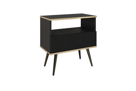 Luxusní noční stolek se zásuvkou černý elegantní design skříňka se zlatým lemováním skříňka s rýhovaným čelem černé vysoké nohy