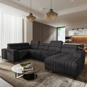 Rohová sedací souprava s funkcí spaní Castel IV grafitová pravostranná stylová rohová sedací souprava s kontejnery na lůžkoviny a nastavitelnými opěrkami hlavy