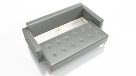 Rozkládací pohovka Vaso tmavě béžová pohodlná pohovka do obývacího pokoje Skandinávský styl dřevěné vysoké nohy kontejner na lůžkoviny