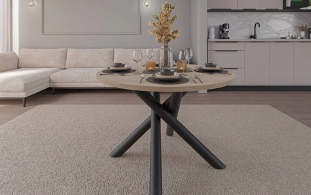 Kulatý stůl Lyon 110 cm dub lindberg / černý designový jídelní stůl na kovových pavoučích nohách výškově nastavitelný