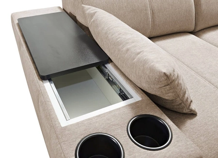 Rohová sedací souprava s funkcí spaní Tesalia VII béžová pravý roh moderní design pohodlný posuvný opěrák zásuvka v boční části nábytku