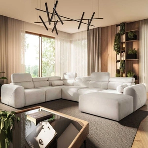 Rohová pohovka s funkcí spaní Cantare VIII slonová kost pravostranná vkusná rohová sedací souprava s polohovatelnými opěrkami hlavy nádoby na lůžkoviny