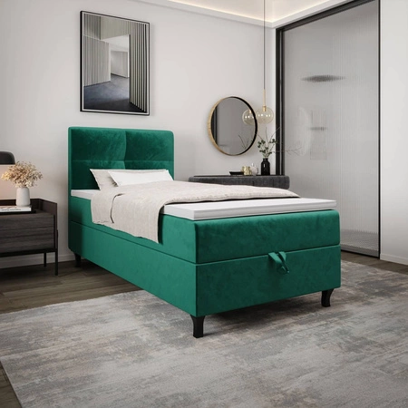 Kontinentální postel Melba 100x200 lahvově zelená v moderním skandinávském stylu s čalouněným čelem postele s úložným boxem