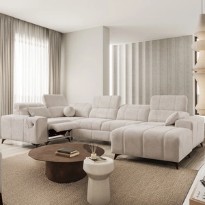 Rohová pohovka s funkcí spaní Penejos IV Lux béžová pravostranná stylová rohová pohovka s pohodlnou výsuvnou podnožkou