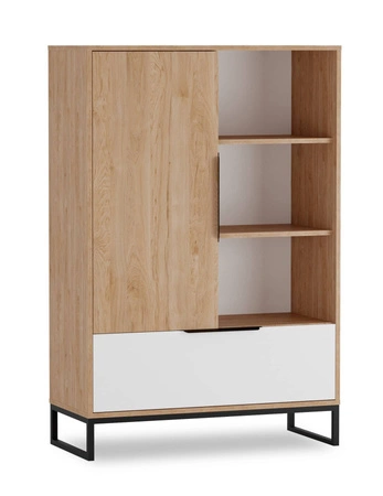 Nízká knihovna Imola 90 cm dub hickory / bílá moderní a funkční knihovna pro interiéry v industriálním stylu stabilní základna