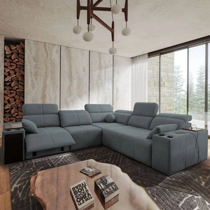 Rohová sedací souprava s funkcí spaní Tesalia III Lux šedá levá komfortní rohová sedací souprava s výsuvnou podnožkou a posuvnou funkcí opěradla
